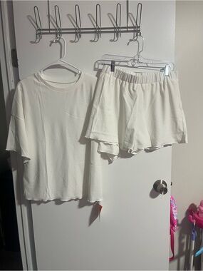 Amazon White Women's Two-Piece Waffle Knit Lounge Top and Shorts Set